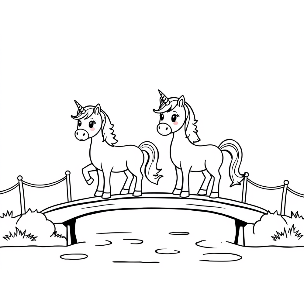 2 Unicorns on a bridge coloring page outline to print