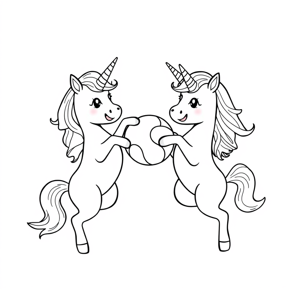 2 unicorns playing ball coloring page outline to print