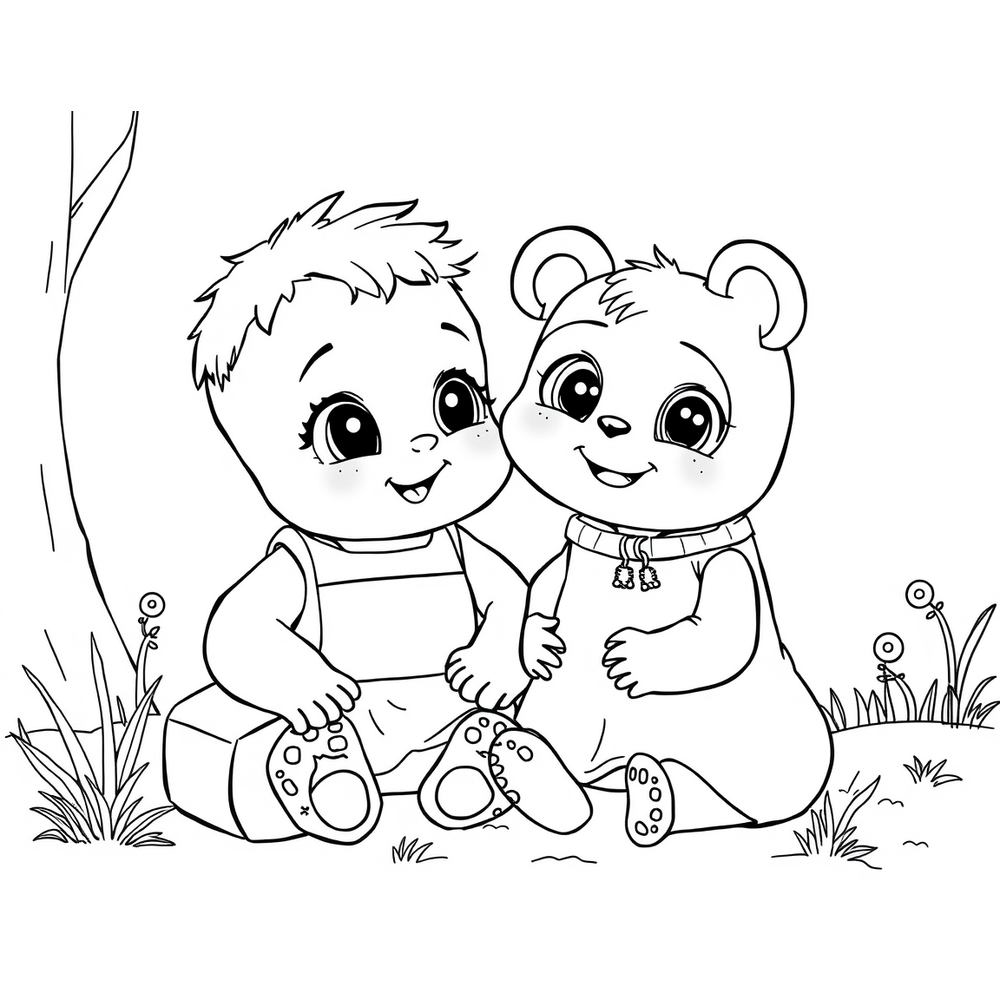 a baby with the bear coloring page