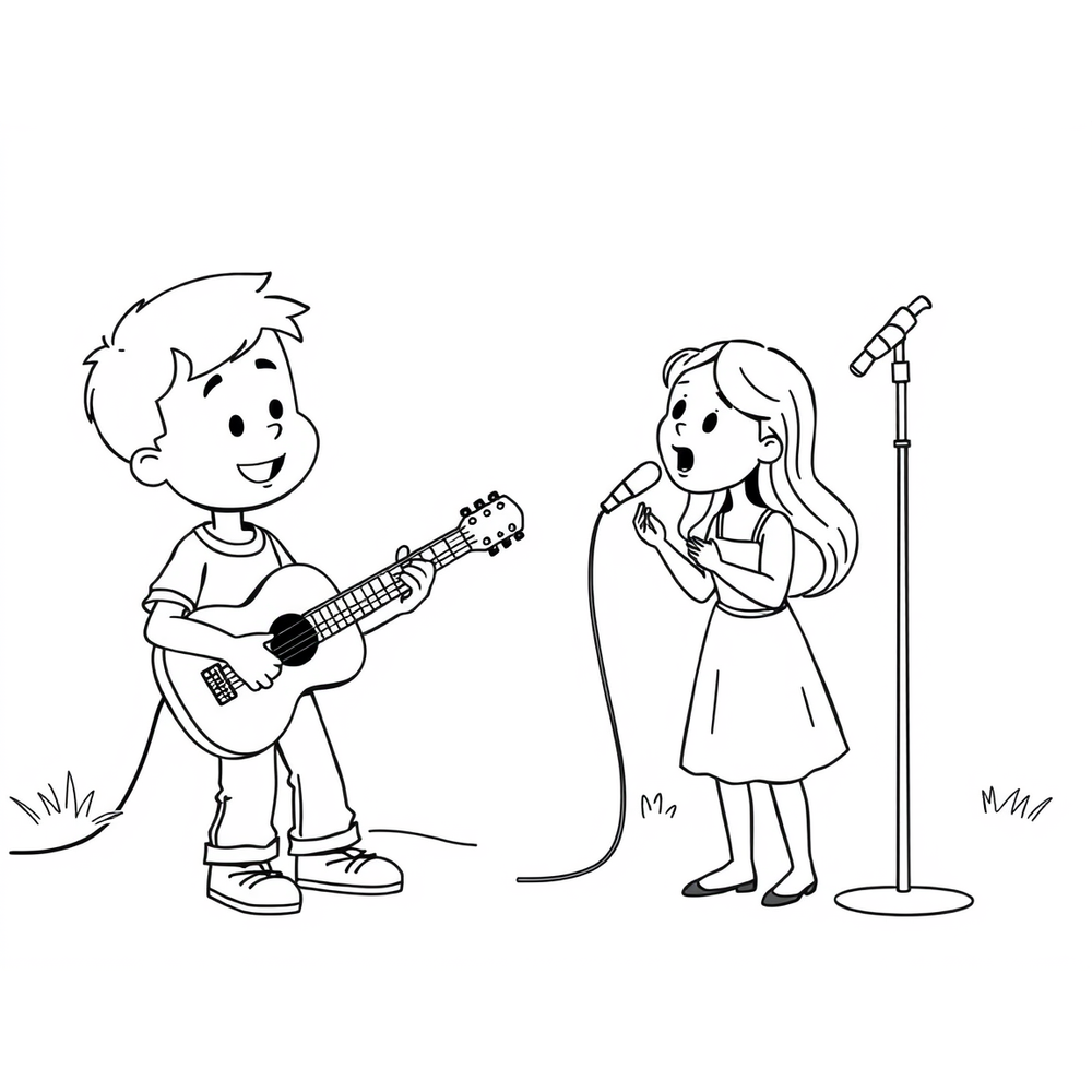 a boy playing a guitar and a girl is singing coloring page