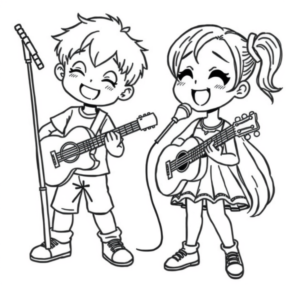 A boy playing guitar and a girl singing coloring page outline to print