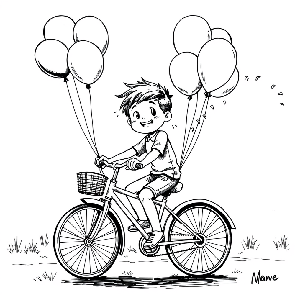 A boy riding a bicycle with balloons coloring page