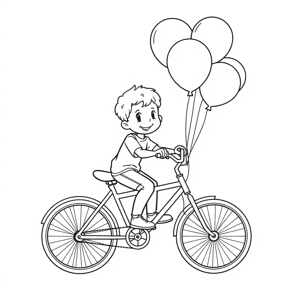 a boy riding bicycle with baloons coloring page outline to print
