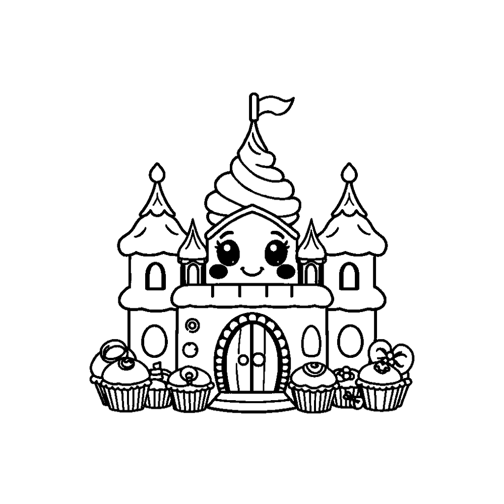 A castle made of cupcakes and candy coloring page