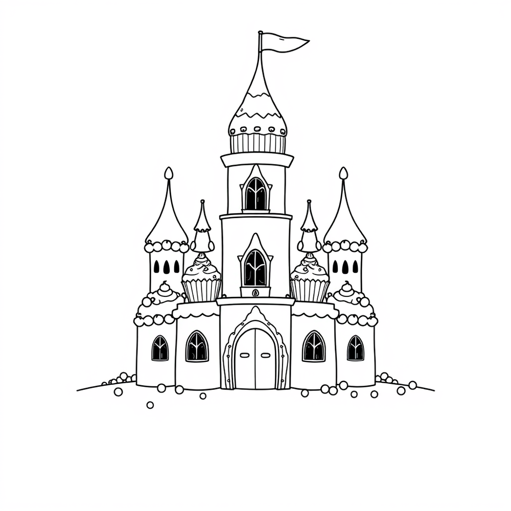 A castle made of cupcakes and candy coloring page
