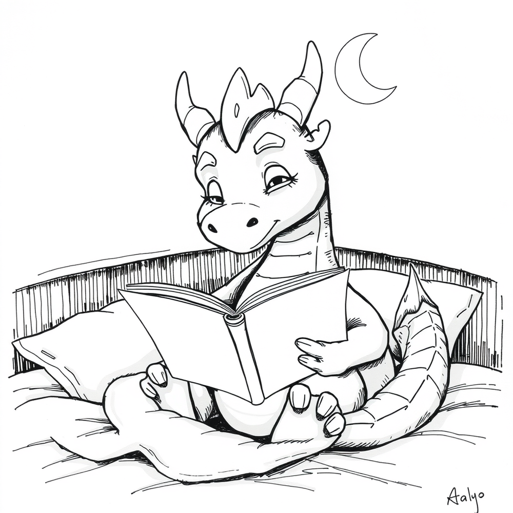 A cozy dragon reading a bedtime story coloring page