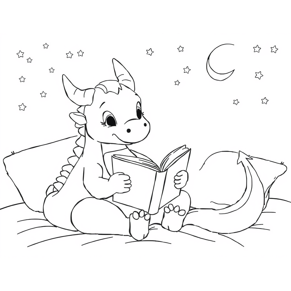 A cozy dragon reading a bedtime story coloring page