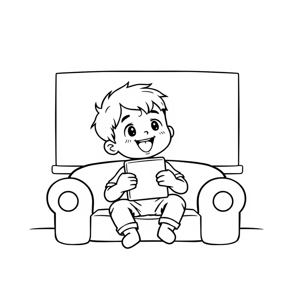 a cute boy watching a movie coloring page