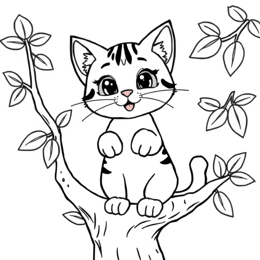 a cute cat on a tree coloring page outline to print