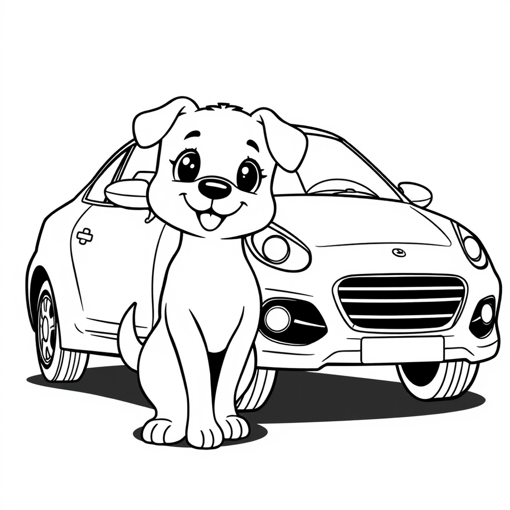 a cute dog next to a car coloring page