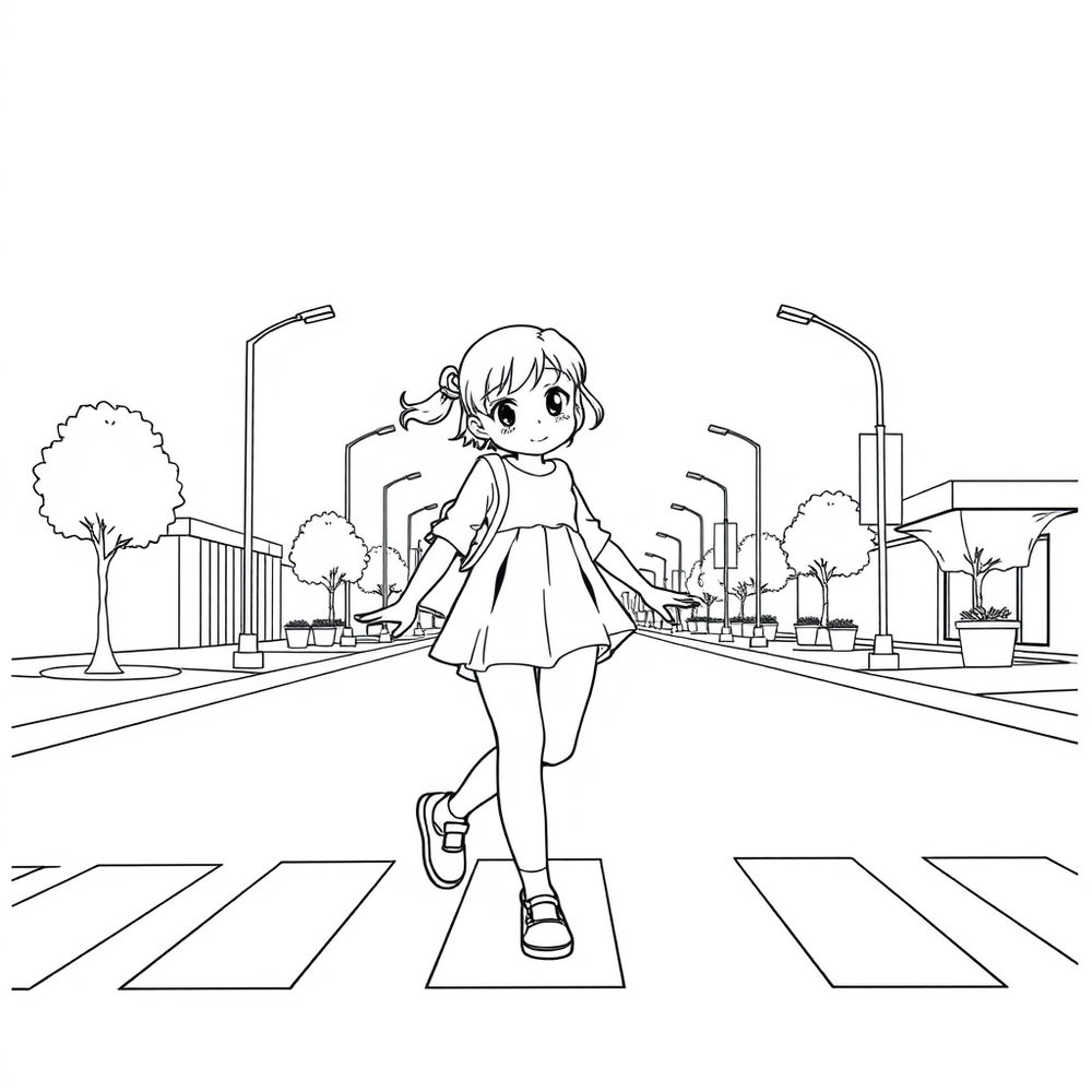 a cute girl crossing a street coloring page