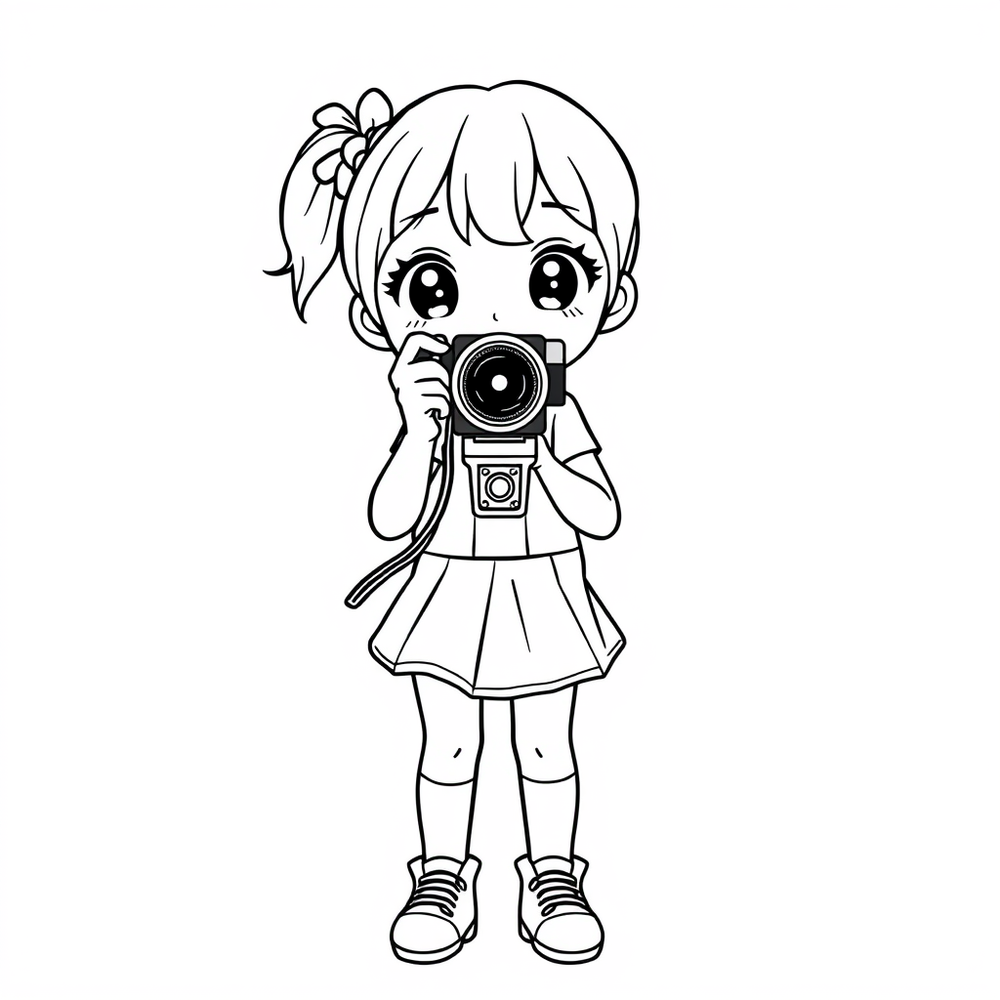 a cute girl with a camera coloring page