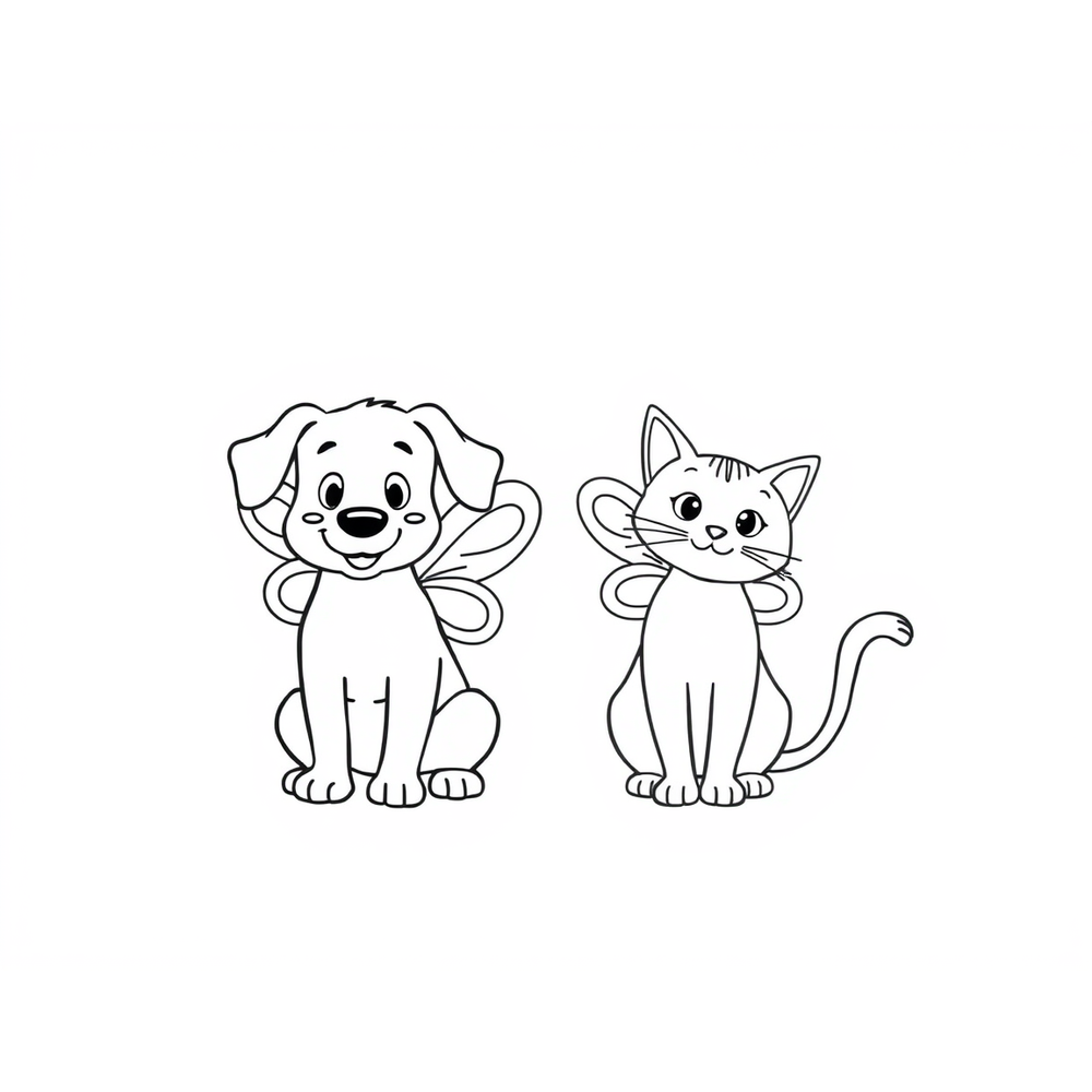 a dog and a cat both having a wings like a butterfly coloring page