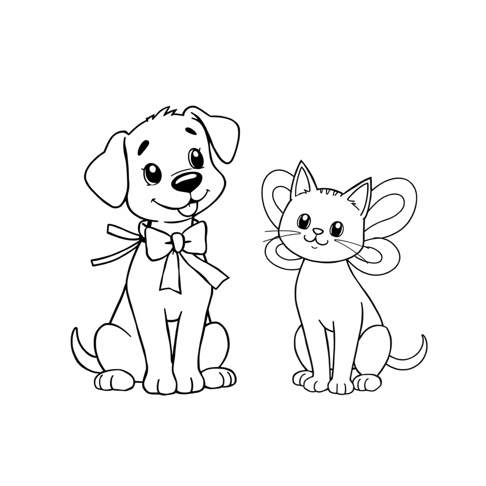 a dog wearing a ribbon and a cat have wings like a butterfly coloring page