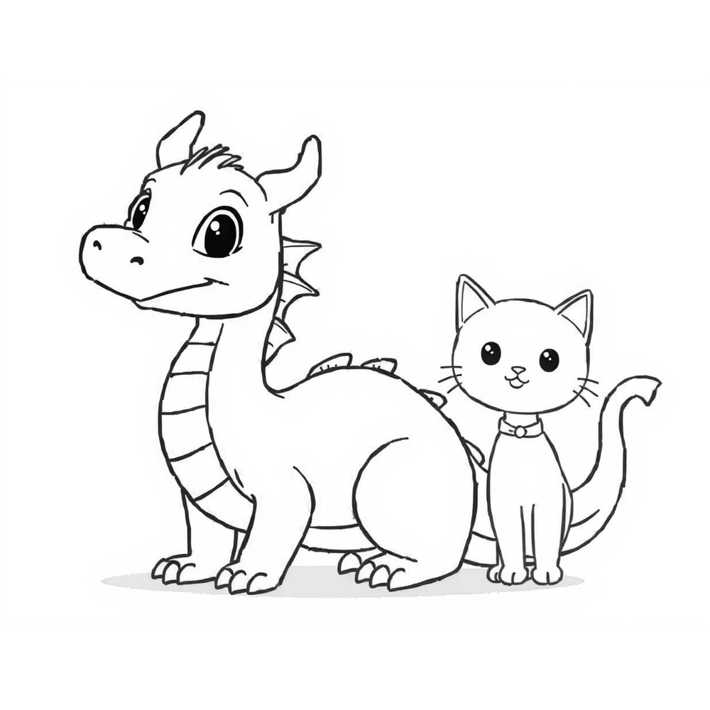 a dragon and a cat coloring page