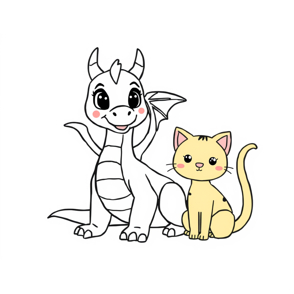 a dragon and a cat coloring page outline to print