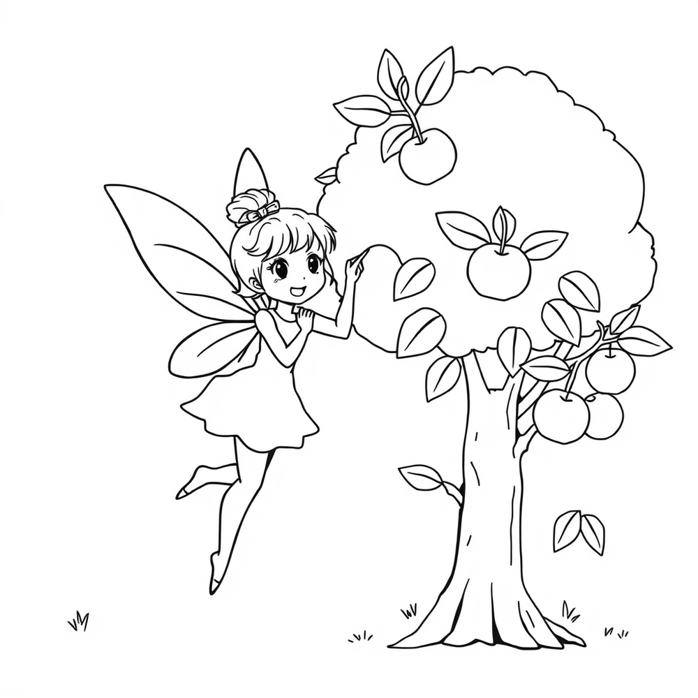 A fairy and apple tree coloring page outline to print
