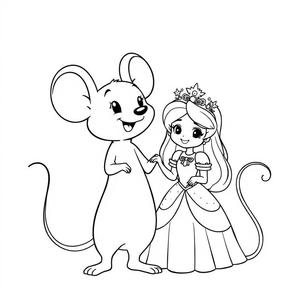 A friendly mouse and a princess coloring page outline to print