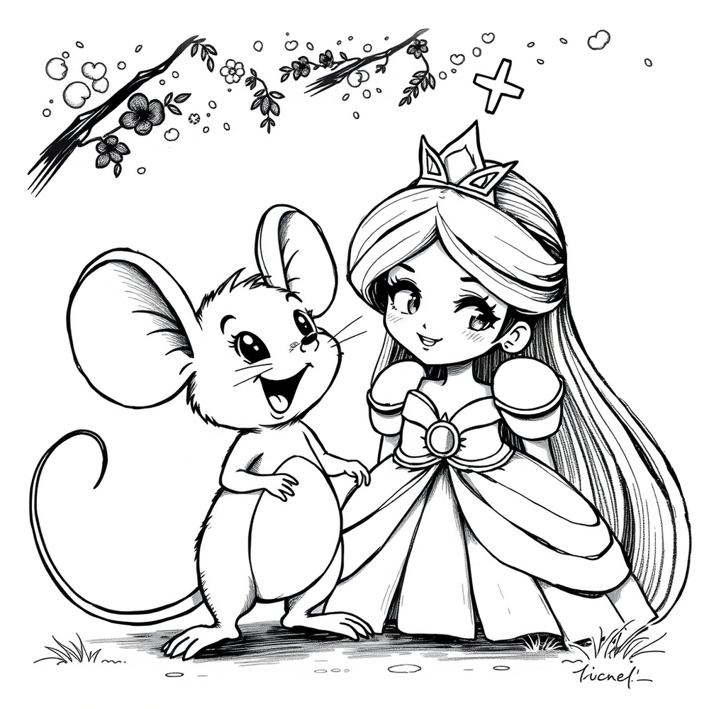 a friendly mouse and a princess coloring page outline to print