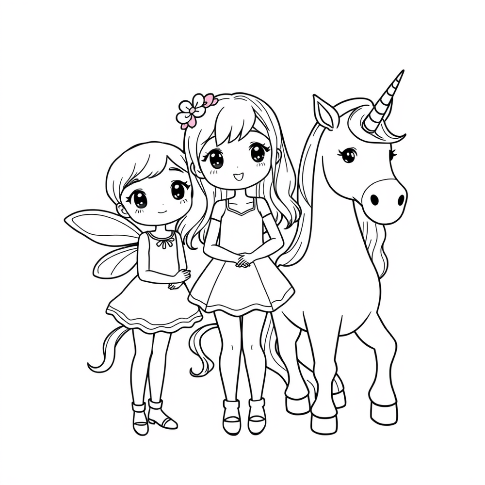 a girl, a fairy and a unicorn coloring page