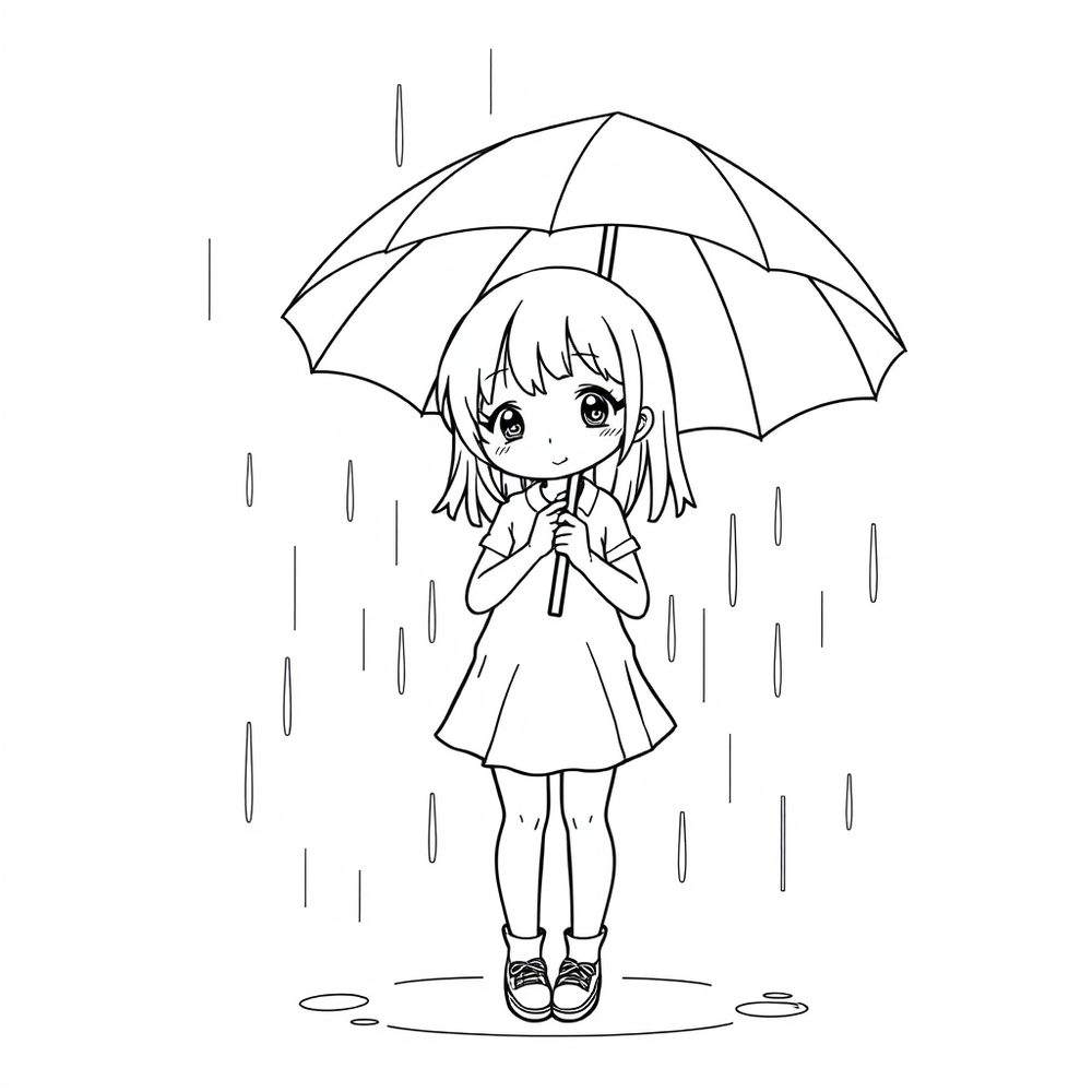 A Girl Holding an umbrella in the rain coloring page outline to print