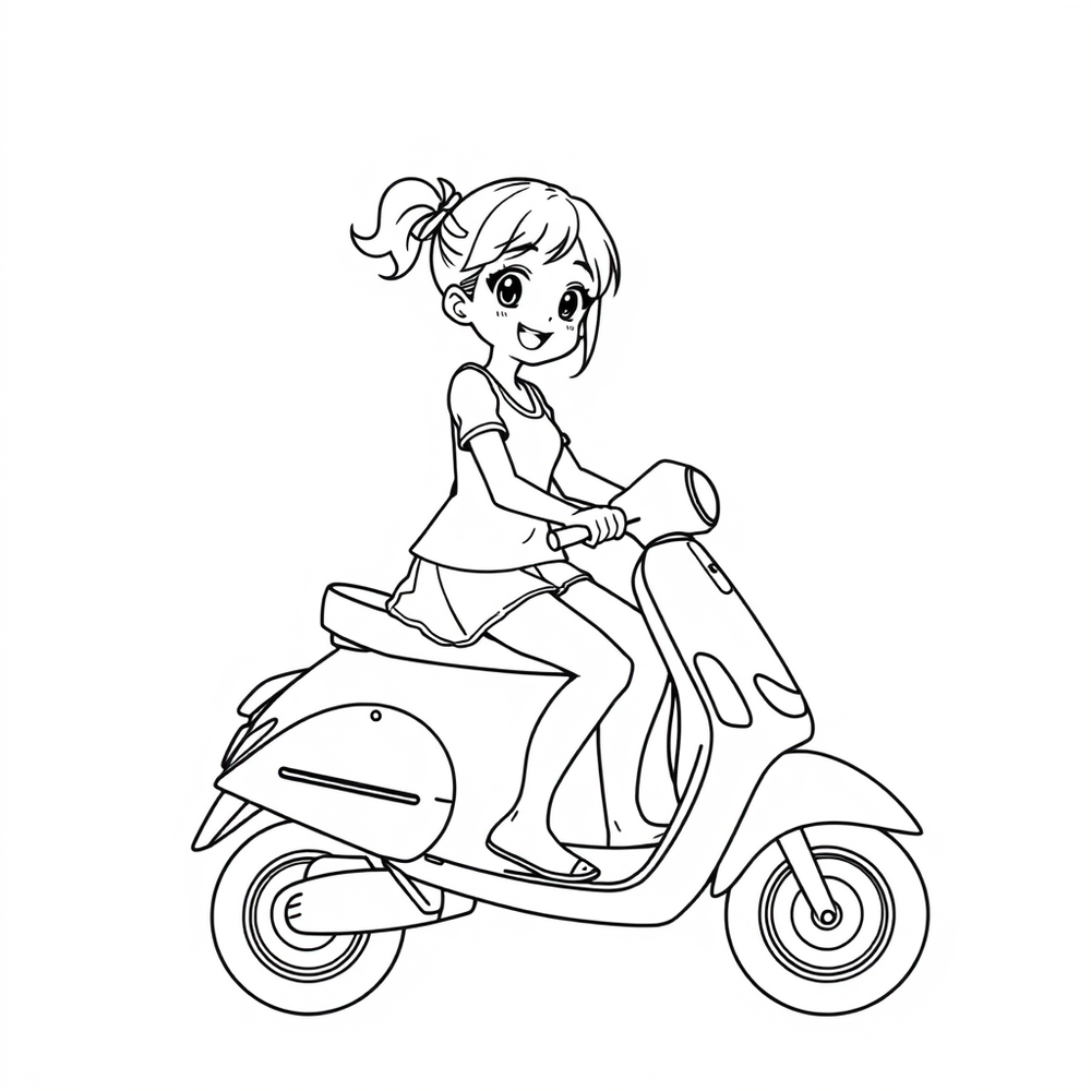 a girl on a scooter coloring page