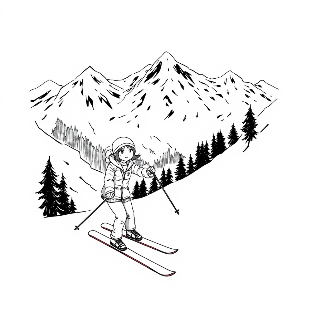 a girl skiing in the mountains coloring page outline to print