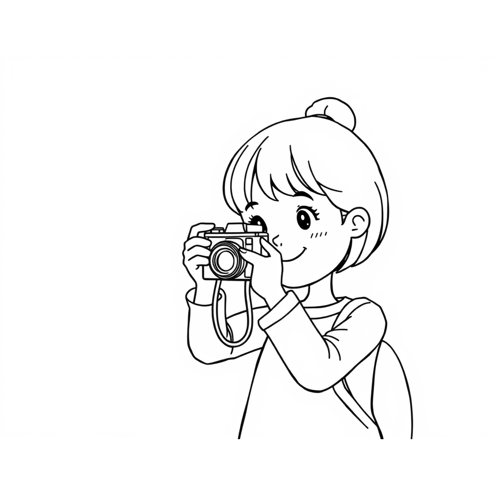 a girl taking a picture with a camera coloring page