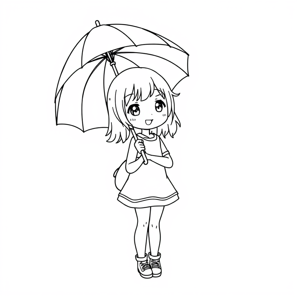 a girl with umbrella coloring page outline to print