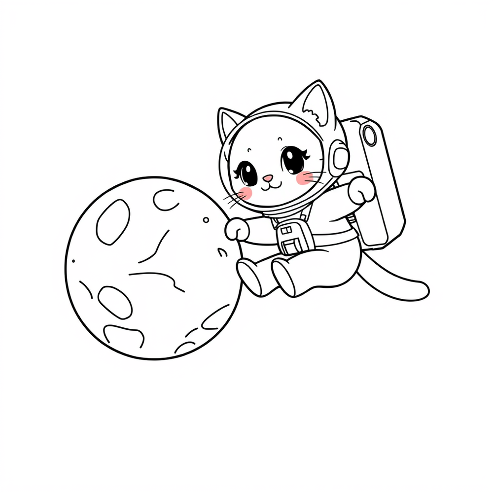 A kitten astronaut floating near a planet coloring page