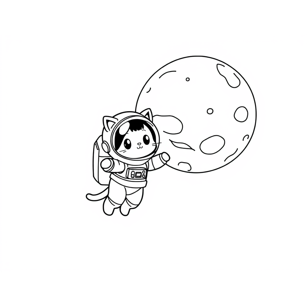 A kitten astronaut floating near a planet coloring page