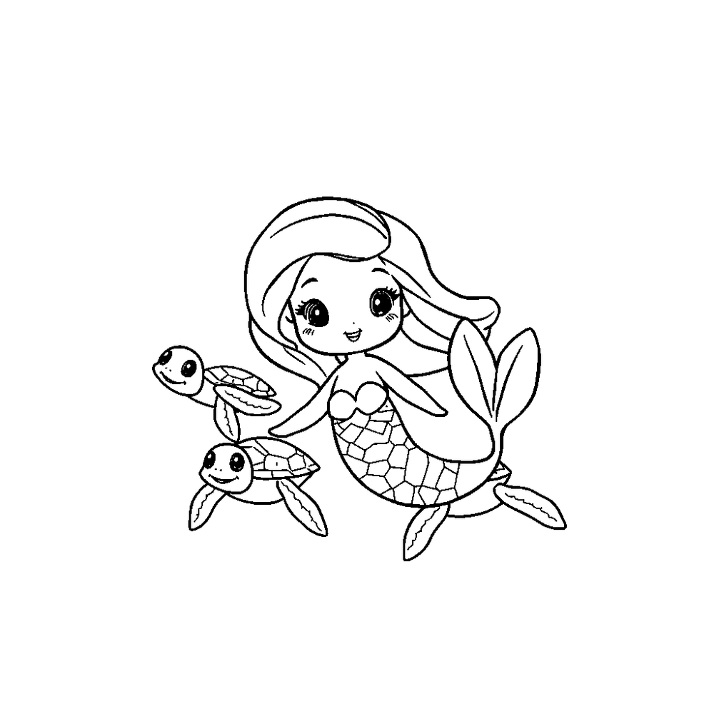 A mermaid swimming with sea turtles coloring page