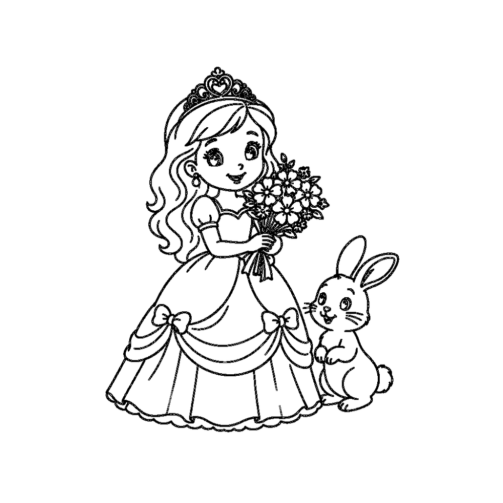 a pincess holding flowers, and a bunny standing next to her coloring page