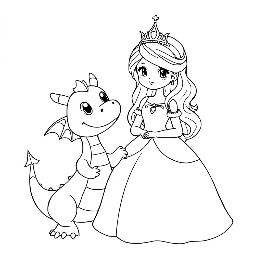 a princess and a cute dragon coloring page outline to print