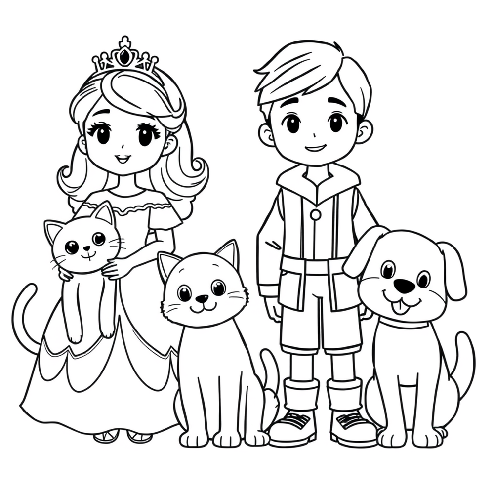a princess with a cat and a prince with a dog coloring page