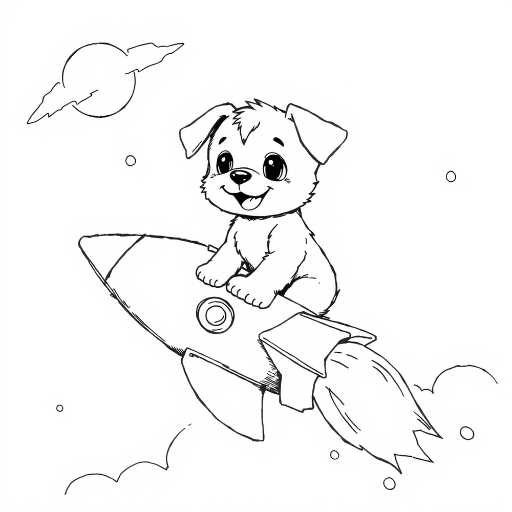 a puppy on a rocket ship coloring page outline to print