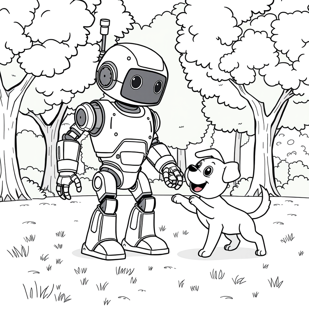 A robot and a puppy playing fetch in a park coloring page outline to print