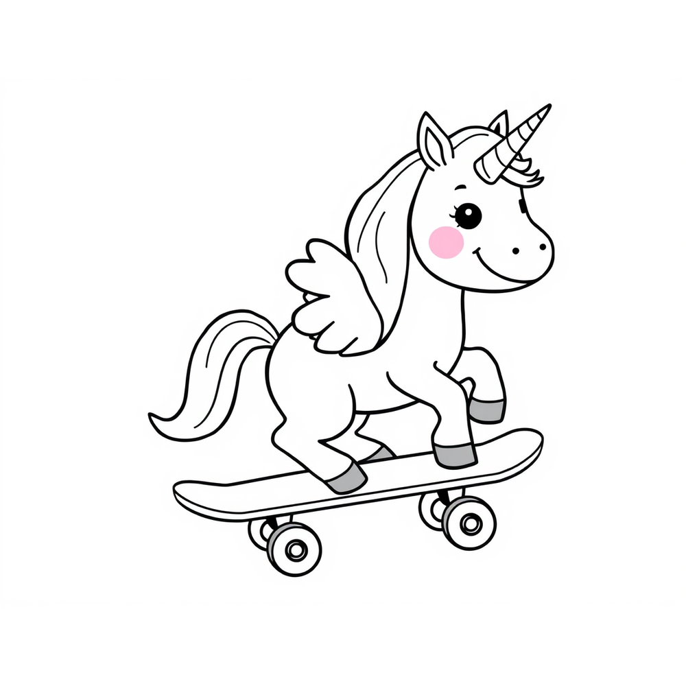 A smiling unicorn on a skateboard coloring page