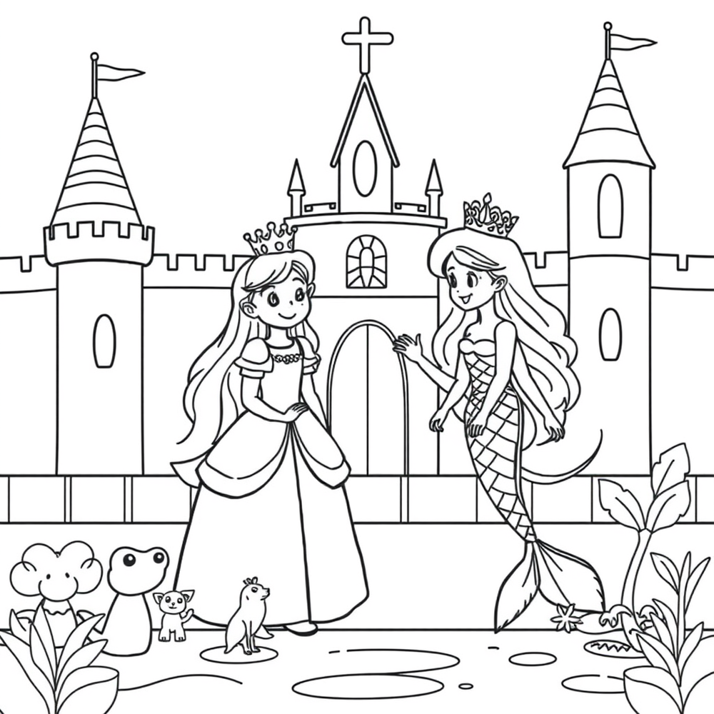 and princess and a mermaid in a castle coloring page