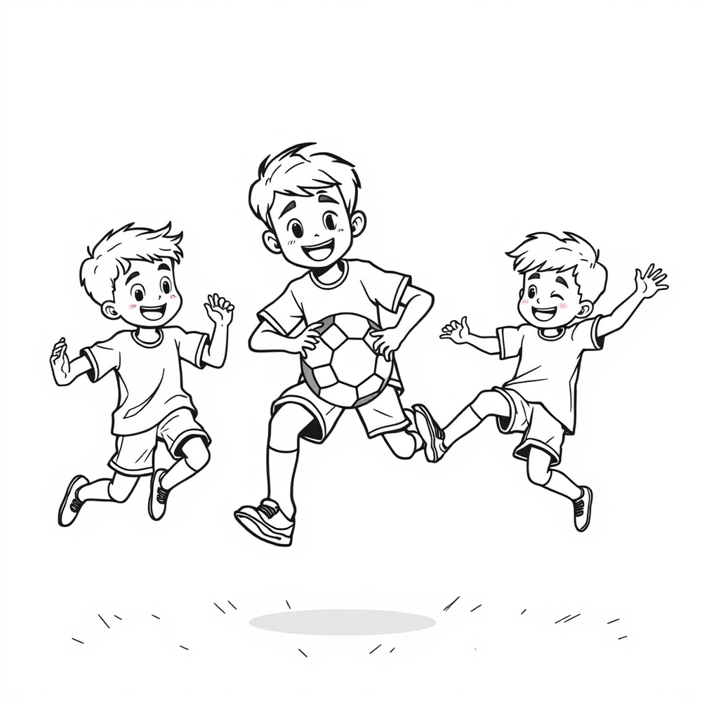 Boys playing football coloring page outline to print