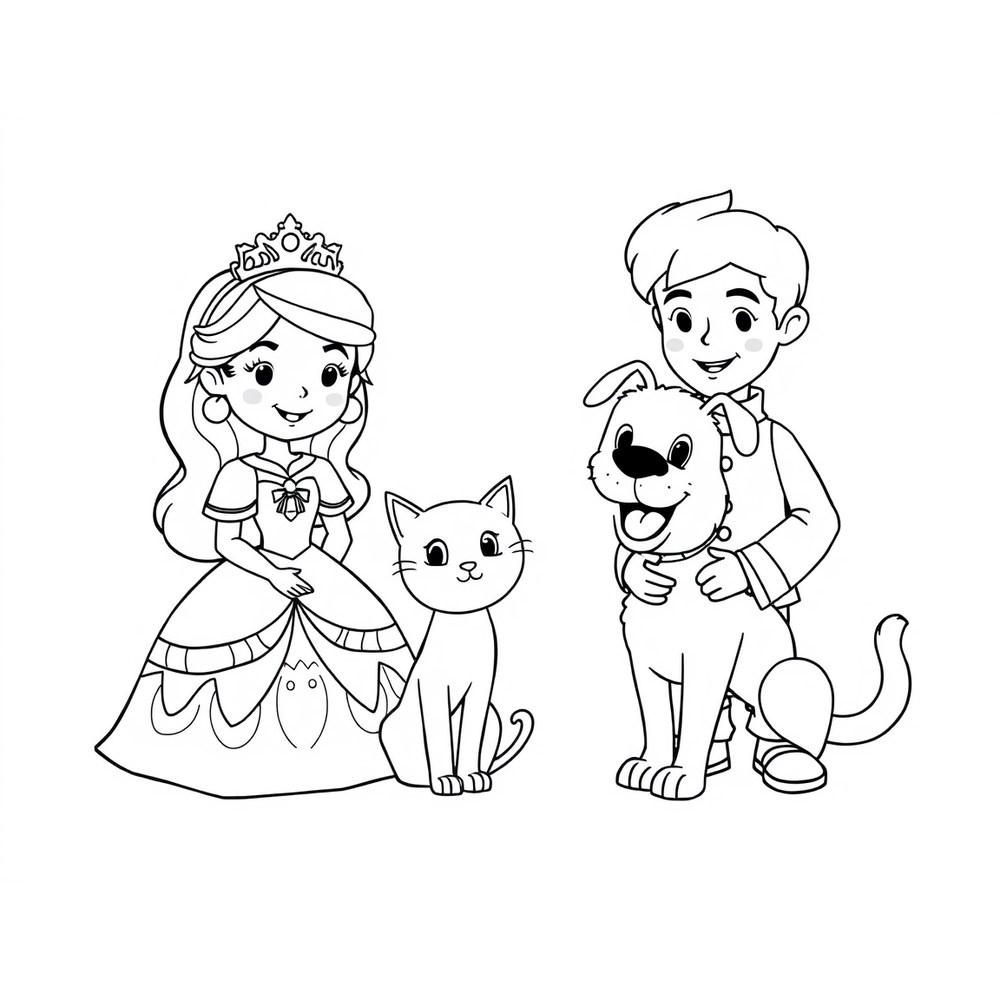 Create a colouring page: a princess with a cat and a prin… coloring page