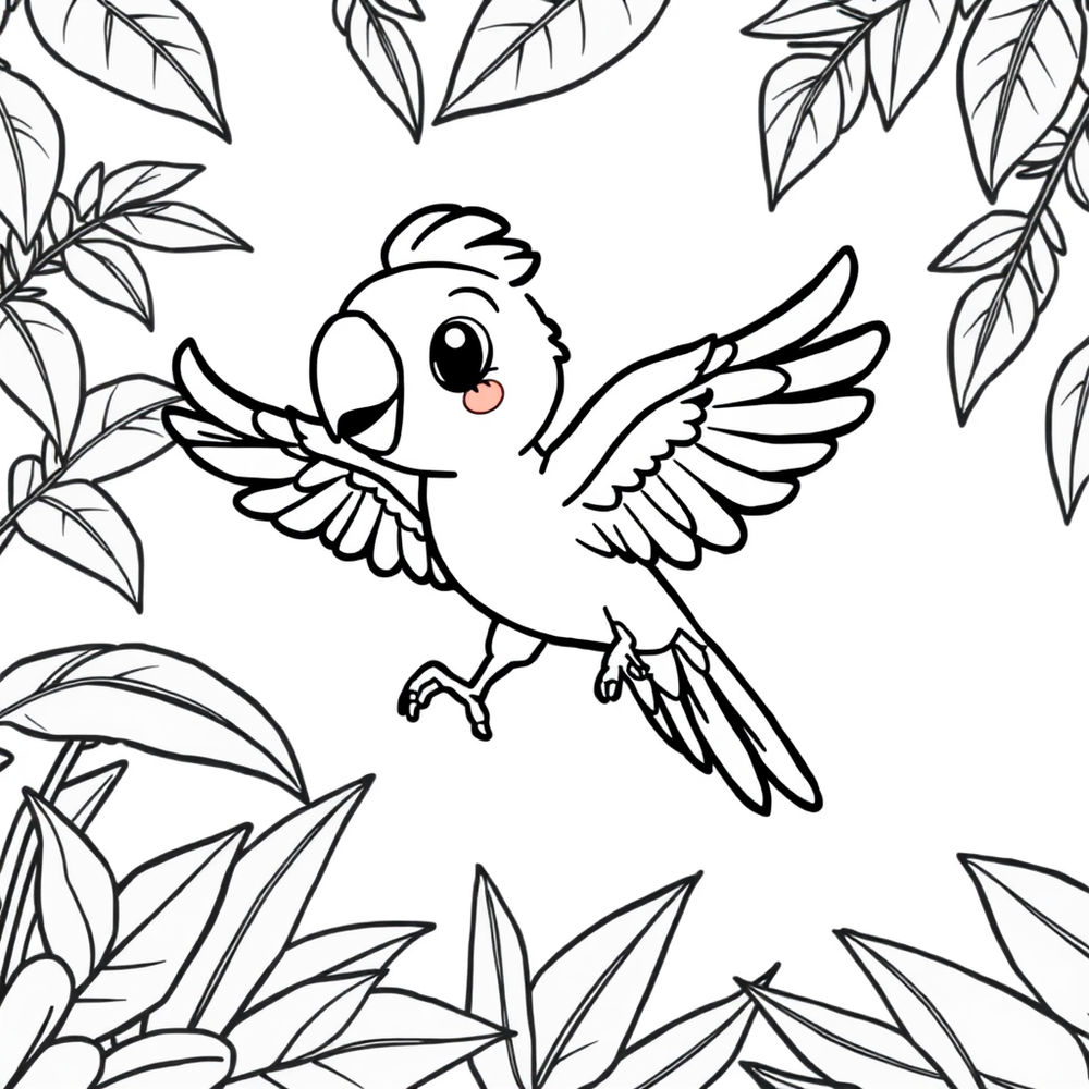 cute parrot flying in the jungle coloring page outline to print
