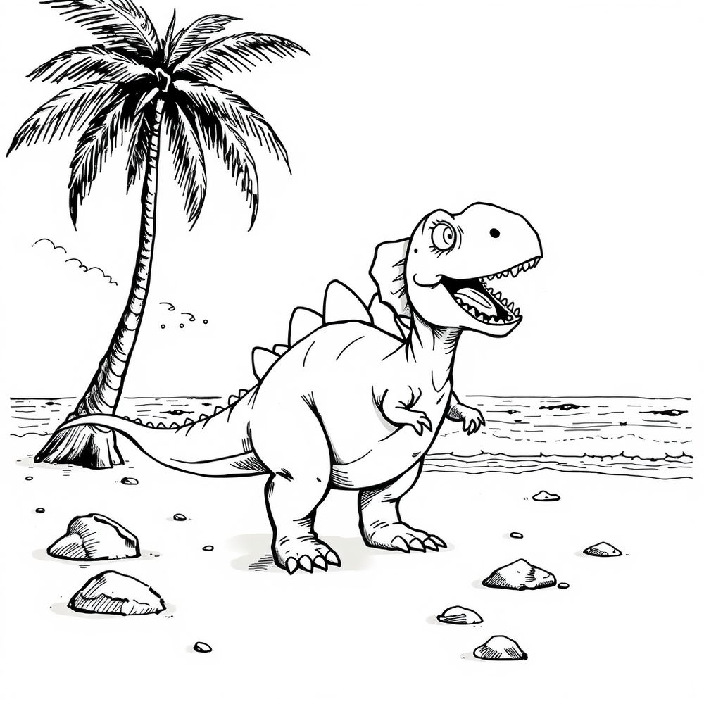 Dinosaur on the beach coloring page outline to print