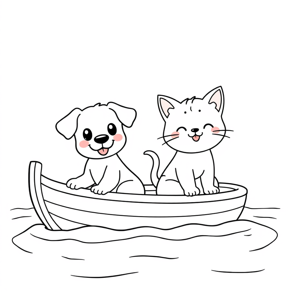 doggy and kitty on a boat coloring page