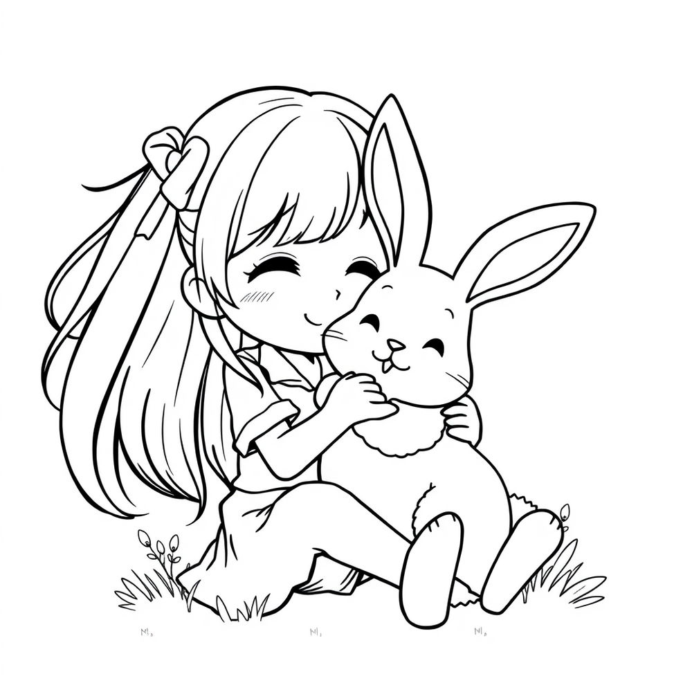 ein Mädchen die kuschelt ganz süße Hase coloring page outline to print