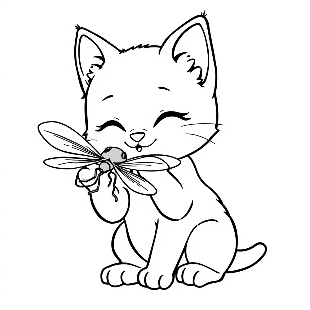 kitten playing with a fly coloring page outline to print