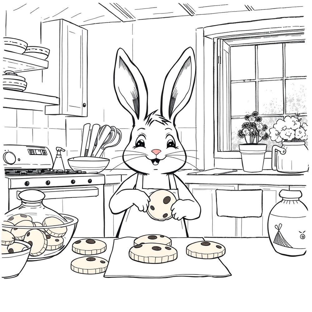 Królik piecze ciasteczka w słonecznej kuchni coloring page outline to print