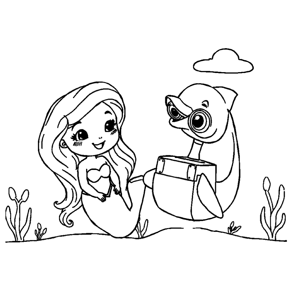 mermaid and a dolphin coloring page outline to print