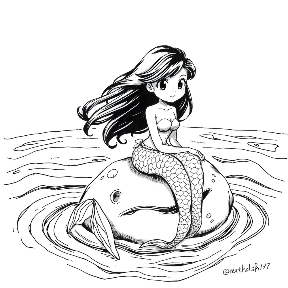 mermaid in the ocean sitting on a big shale coloring page