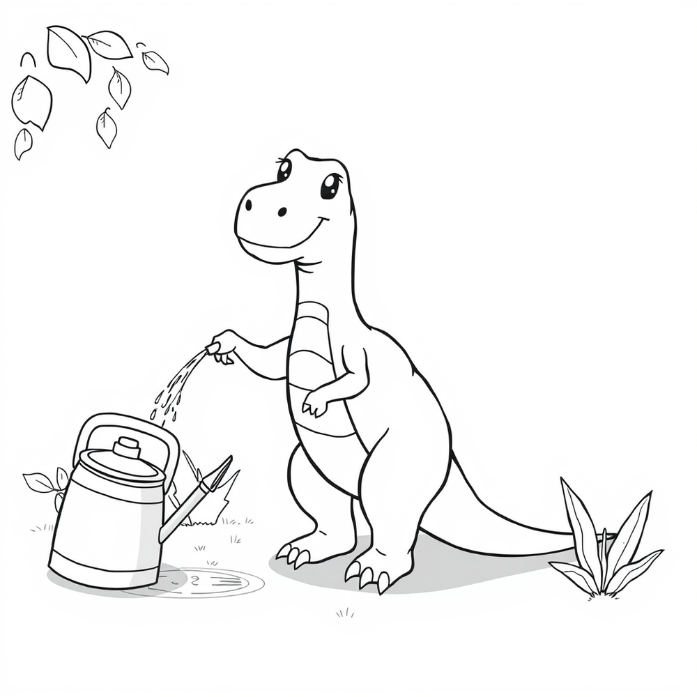 Miły dinozaur podlewa ogród coloring page
